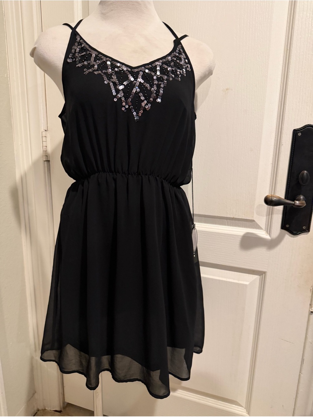 Black Spaghetti-Strap Sequin Bodice Dress